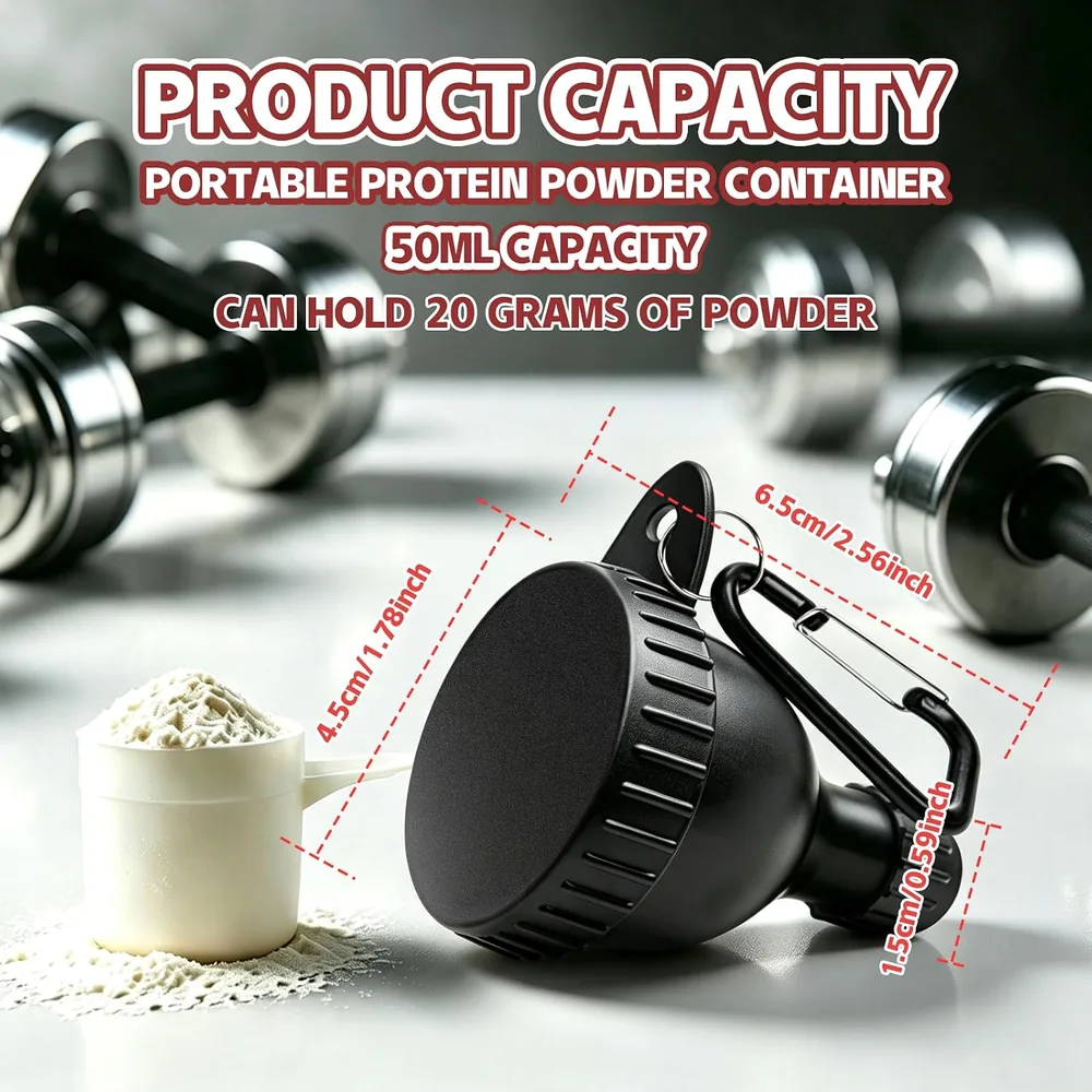 Product graphic with 50 mL capacity, a 20 g example and size annotations
